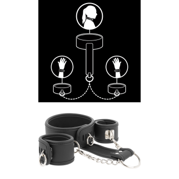 FETISH SUBMISSIVE COLLAR AND HANDCUFFS VEGAN LEATHER+NEOPRENE