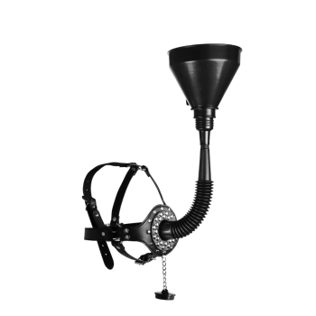 OPEN MOUTH GAG HEAD HARNESS WITH FUNNEL - BLACK