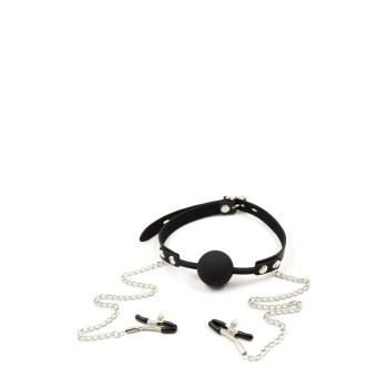 SILICONE GAG WITH NIPPLE CLAMPS BLACK