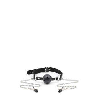 BREATHABLE BALL GAG WITH NIPPLE CLAMPS BLACK