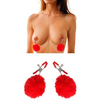 KINK - FAUX FUR BALL NIPPLE CLAMP RED 6 CM