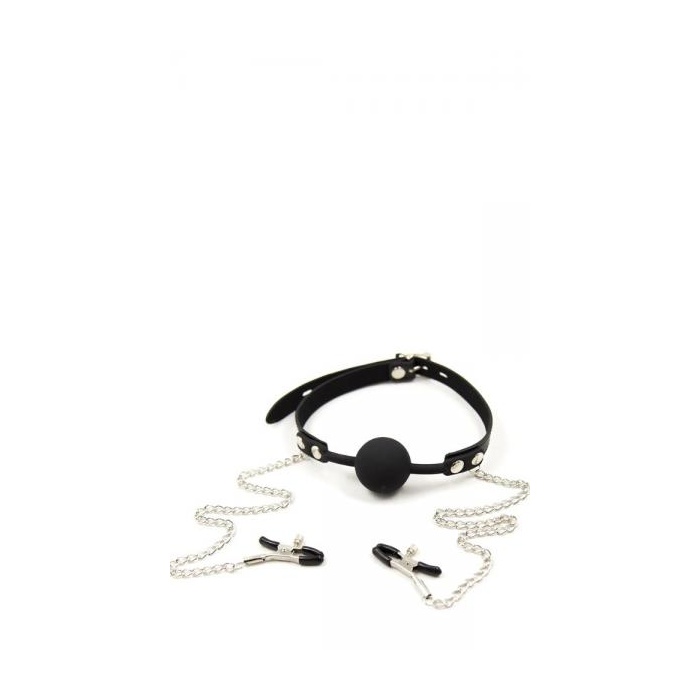 SILICONE GAG WITH NIPPLE CLAMPS BLACK