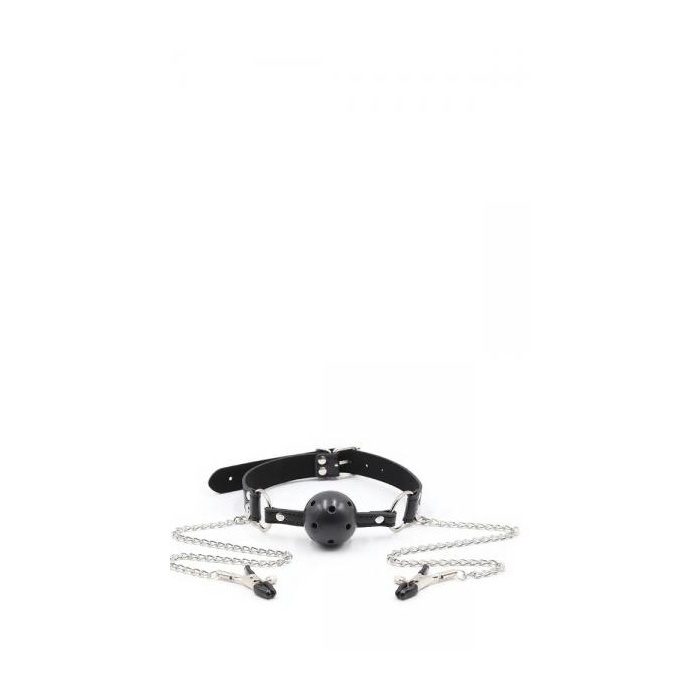 BREATHABLE BALL GAG WITH NIPPLE CLAMPS BLACK