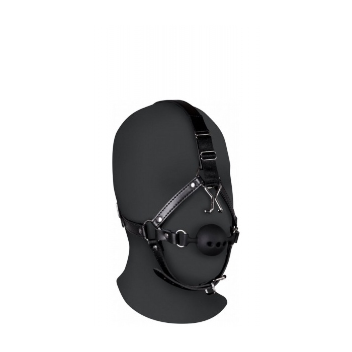 HEAD HARNESS WITH BREATHABLE BALL GAG AND NOSE HOOKS