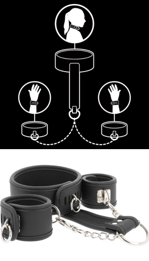 FETISH SUBMISSIVE COLLAR AND HANDCUFFS VEGAN LEATHER+NEOPRENE
