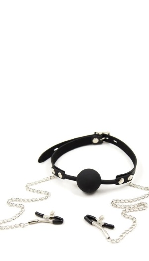 SILICONE GAG WITH NIPPLE CLAMPS BLACK