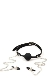 SILICONE GAG WITH NIPPLE CLAMPS BLACK