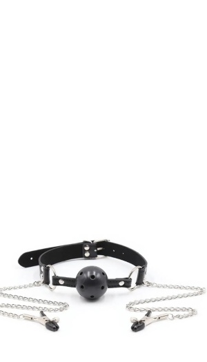BREATHABLE BALL GAG WITH NIPPLE CLAMPS BLACK