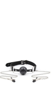 BREATHABLE BALL GAG WITH NIPPLE CLAMPS BLACK