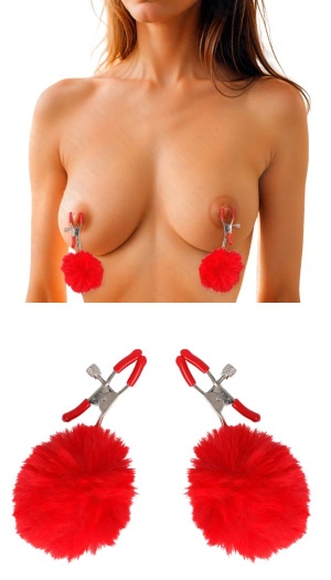 KINK - FAUX FUR BALL NIPPLE CLAMP RED 6 CM