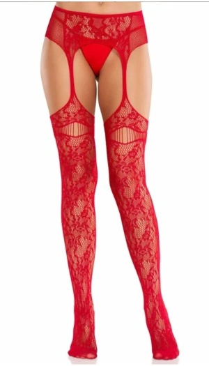 NET STOCKINGS WITH ATTACHED GARTER BELT RED