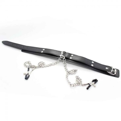 SM COLLAR WITH NIPPLE CLAMPS BLACK