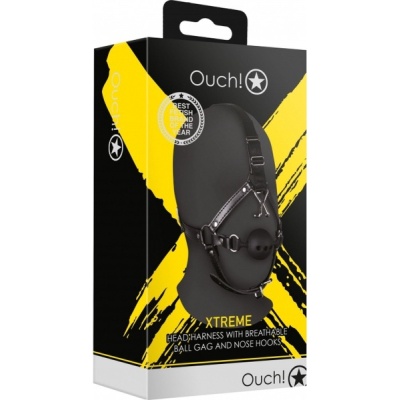 HEAD HARNESS WITH BREATHABLE BALL GAG AND NOSE HOOKS