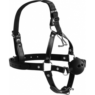 HEAD HARNESS WITH BREATHABLE BALL GAG AND NOSE HOOKS